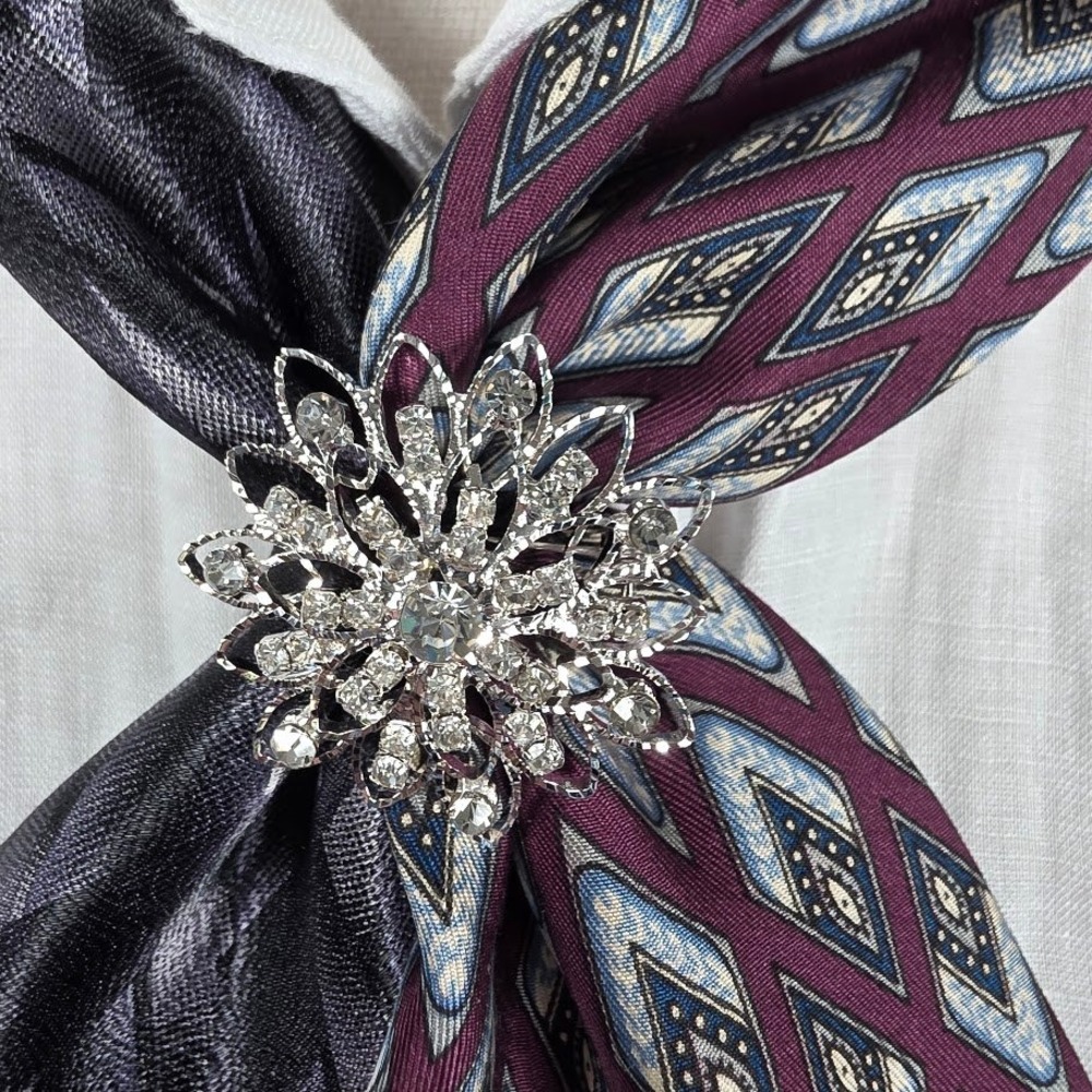 Robert‎ Talbott Puritan Upcycled Tie Scarf Women Burgundy Gray Rhinestone Brooch